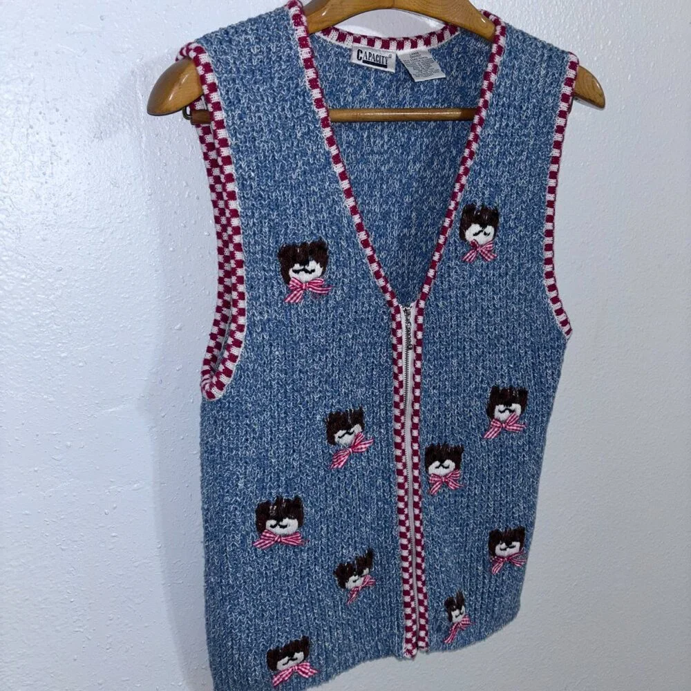 Vintage Capacity Teddy Bear‎ Sweater Vest Large Blue Knit Red Gingham Bow Ramie